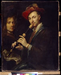 Fløytist (fløytist). Portretter av en musiker og en komiker. Maleri av Jan eller Johann Kupetzki (Kupecky, Kupezky, Kupetzky, Kupecki, Kopecki
