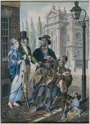 Verdslige folk stiller spørsmål ved skorsteinsfeiere og deres herre foran Christ Church i Philadelphia