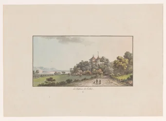 Utsikt over Chateau de Cerlier i Erlach Le Chateau de Cerlier (tittel på objekt) Utsikt over Sveits (serietittel) Collection de quelques vues dessinées en Suisse d