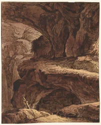 Steinete landskap med et hulekapell, 1800-tallet.