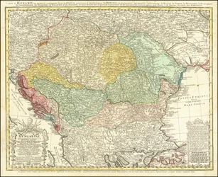 1744 kart over Balkanhalvøya sentrert rundt Kongeriket Ungarn av Johann Matthias Hase
