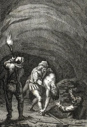 Død av William II av Holland drept av friserne, som i hemmelighet begravde ham under gulvet i et hus Gravering av Johann Michael Mettenleiter (1765-1853) 1800 Privat samling