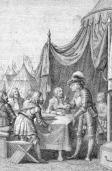 Keiser Louis IV (1282-1347) av Baviere med sine offiserer i slaget ved Muhldorf (eller Ampfing) 28. september 1322 (Louis IV, hellig romersk keiser i slaget ved Muhldorf 28. september 1322 på Ampfing-heia) Gravering av Johann Michael Mettenleite