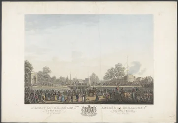 Vilhelm den 1.s ankomst til byen Brussel 30. mars 1815 / Entrée de Guillaume 1er dans la Ville de Bruxelles, 30. mars 1815 (tittel på objekt) Tolv plater med ankomst og innvielse av William I i Brussel og kampene ved Quatre-Bras