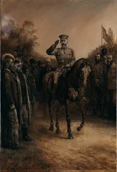 General Lord Kitchener gjør honnør mens han rir forbi boerledere som står og tar av seg hatten, 1902