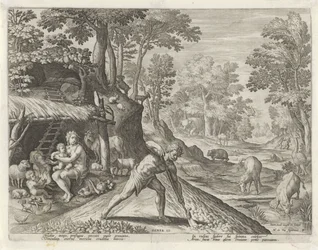 Adam og Eva på jobb utenfor det jordiske paradis Historien om Kains familie / Om godt og dårlig arbeid (serietittel) Boni et mali scientia (serietittel)