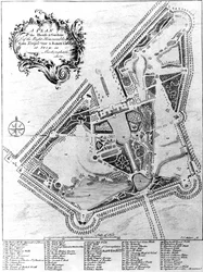 En plan for huset og hagen i Stowe, Buckinghamshire