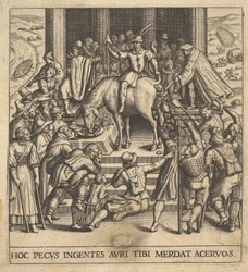 Menn som samler møkk som slippes fra bakparten av et muldyr, med en rytter som sitter bak..., 1592-1614.