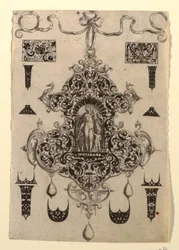 Plate 4, fra en serie på åtte anhengsdesign med kardinaldydene
