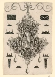 Plate 5, fra en serie på åtte anhengsdesign med kardinaldydene