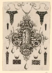 Plate 6, fra en serie på åtte anhengsdesign med kardinaldydene