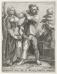 Strijd om de broek JEG VIL BINDE MEG PÅ MIN MANNS INSISTERENDE BUKSER (tittel på objekt) Secular Emblems, 1596 (serietittel)