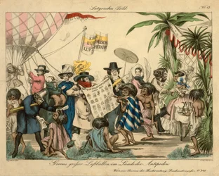 Greens luftballong i Antipodene, ca. 1840 (håndfarget etsning)