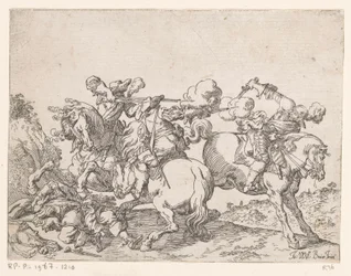 To musketerer på hesteryggen skyter på en rytter Kampscener (serietittel) Capricci di varie battaglie (serietittel)