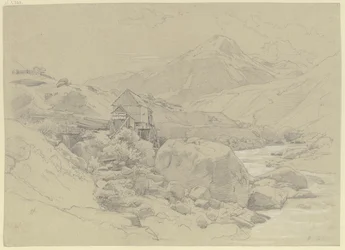 Vannmølle i et fjellandskap