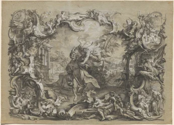 Engelen som bærer bort Habakkuk i håret, omgitt av en forseggjort rokokkoramme, ca. 1750 (penn- og blekktegning)
