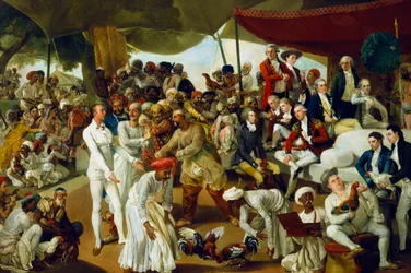 Oberst Mordaunt ser på en hanekamp i Lucknow, India, 1790