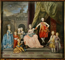 Piero Leopoldo, storhertug av Toscana, senere keiser Leopold II, hans kone Maria Ludovica av Spania, og åtte av deres seksten barn …