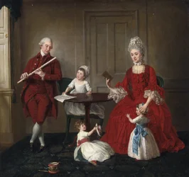 Rococo: Portrett av Mr. And Mrs. James Blew og deres tre barn i et elegant interiør av Johann Zoffany (Zauffelij) (1733-1810). 1660-1670, Olje på lerret, 75x80,3. Privat samling