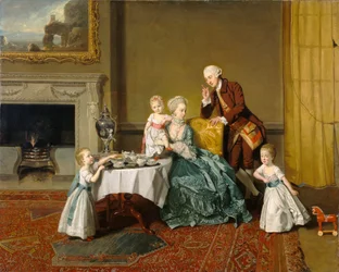 w: John Peyto-Verney, 14. baron Willoughby de Broke (1738–1816), og hans familie i frokostrommet på Compton Verney. Hjemme i Compton Verney House, Warwickshire, bygget av ham 1762–8.