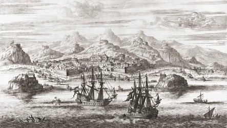 Hollandske skip foran Muscat, Oman på 1600-tallet (trykk)