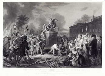 Å trekke ned statuen av George III av Sons of Freedom, på Bowling Green, City of New York, juli 1776, pub. 1875