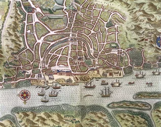 Kart over byen og den portugisiske havnen i Goa, India, detalj om havn og handelsfart, 1595 graveringsdetalj av 110750