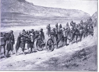 Et batteri med feltkanoner på vei til Ichon, illustrasjon fra Cassells History of the Russo-Japanese War Vol 1, ca. 1900