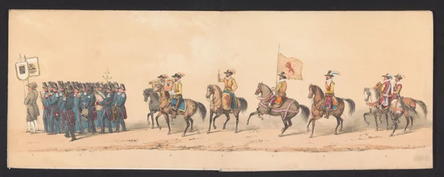 Historisk prosesjon av studenter ved Groningen University of Applied Sciences, 1850 (plate 1) Utkledd representasjon av inngangen til Maurits, Prins av Orange, greve av Nassau, etc. og Willem Lodewijk, greve av Nassau, i Groningen i år 1594, av H.H