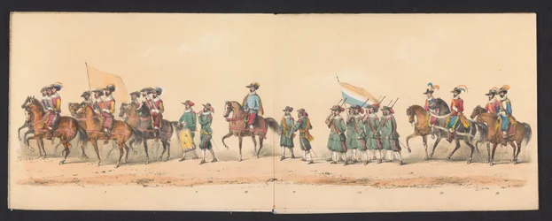 Historisk prosesjon av studenter ved Groningen University of Applied Sciences, 1850 (plate 2) Utkledd representasjon av inngangen til Maurits, Prins av Orange, greve av Nassau, etc. og Willem Lodewijk, greve av Nassau, i Groningen i år 1594, av H.H