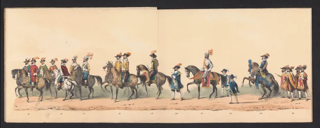 Historisk prosesjon av studenter ved Groningen University of Applied Sciences, 1850 (plate 3) Utkledd representasjon av inngangen til Maurits, Prins av Orange, greve av Nassau, etc. og Willem Lodewijk, greve av Nassau, i Groningen i år 1594, av H.H