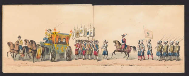 Historisk prosesjon av studenter ved Groningen University of Applied Sciences, 1850 (plate 4) Utkledd representasjon av inngangen til Maurits, Prins av Orange, greve av Nassau, etc. og Willem Lodewijk, greve av Nassau, i Groningen i år 1594, av H.H