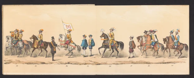 Historisk prosesjon av studenter ved Groningen University of Applied Sciences, 1850 (plate 5) Utkledd representasjon av inngangen til Maurits, Prins av Orange, greve av Nassau, etc. og Willem Lodewijk, greve av Nassau, i Groningen i år 1594, av H.H