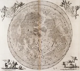 Første detaljerte kart over månen tegnet i 1647 av Johann Hevelius, trykk hentet fra Johann Hevelius (1611-1687) himmelatlas Selenographia sive Lunae descriptio, Gdansk