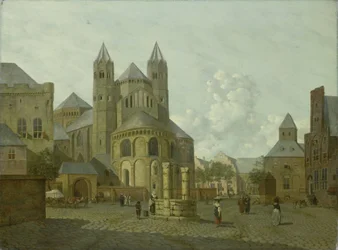 Imaginært bylandskap med romansk kirke