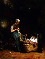 Mor og barn i et hytteinteriør (se også 18091)