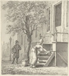 En hushjelp som vasker en trapp foran et hus