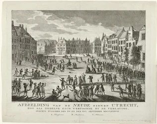 Patrioter forlater Neude i Utrecht, 1787 Skildring av Neude i Utrecht, slik den så ut da den ble forlatt om natten mellom XV. og XVI. september MDCCLXXXVII (tittel på objekt)