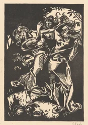 Dansende kvinner med drueklaser og satyr