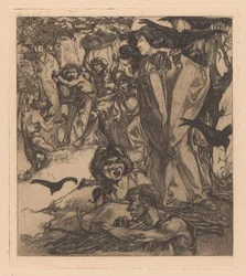 Skoglandskap med mennesker, kråker og satyr