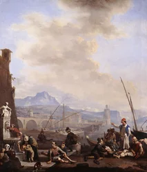 En middelhavshavn med en mann som drikker ved en fontene, bysseslaver, kjøpmenn og havnearbeidere