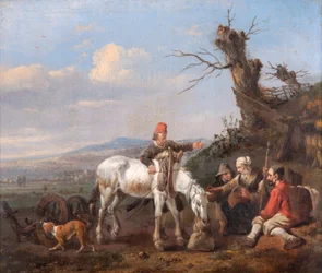 Landskap med reisende hvilende (olje på eikepanel)