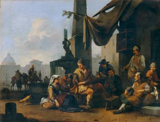 Italienske bønder drikker ved døren til et romersk vertshus...
