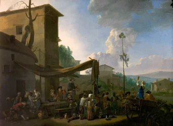 Landsbyscene med bønder Merrymaking (olje på lerret)