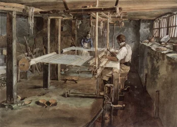 Appenzell veverpar i arbeid på håndveven, rundt 1830