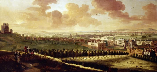 Utsikt over Greenwich og London (England), cirka 1680, med Royal Observatory til venstre, i midten, Queen#39;s House og hjort som brøler fritt i parken