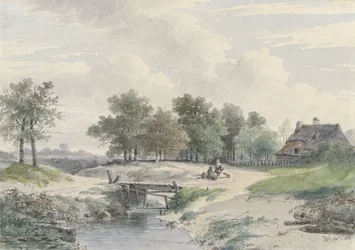 Landskap med bro og figurer foran en gård