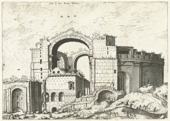 Gezicht op de Sint Pieter i Roma Deformasjon av Aedis D. Peter Romana (tittel på objekt) Romerske ruiner, 1561 (serietittel)