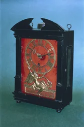 Tidlig vektdrevet pendelklokke, muligens designet av Christian Huygens (1629-95) ca. 1675 (tre)