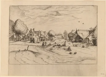 Landsby med sauer og sittende hyrde